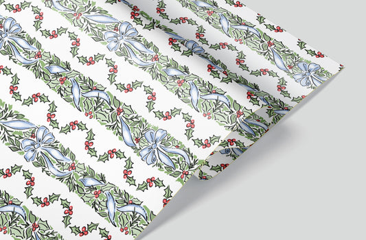 Blue Ribbon Holly Wrapping Paper Pre-Order