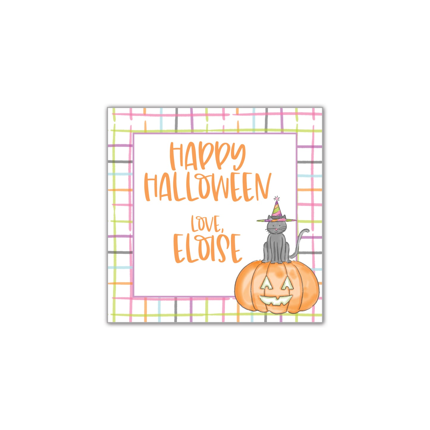 Happy Halloween Pumpkin and Cat - plaid Gift Tag
