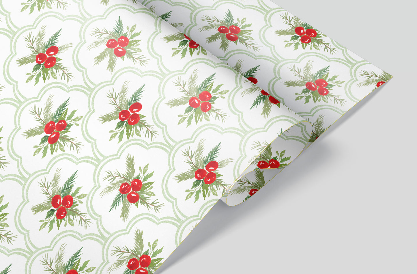 Green Scallop Holly Wrapping Paper Pre-Order