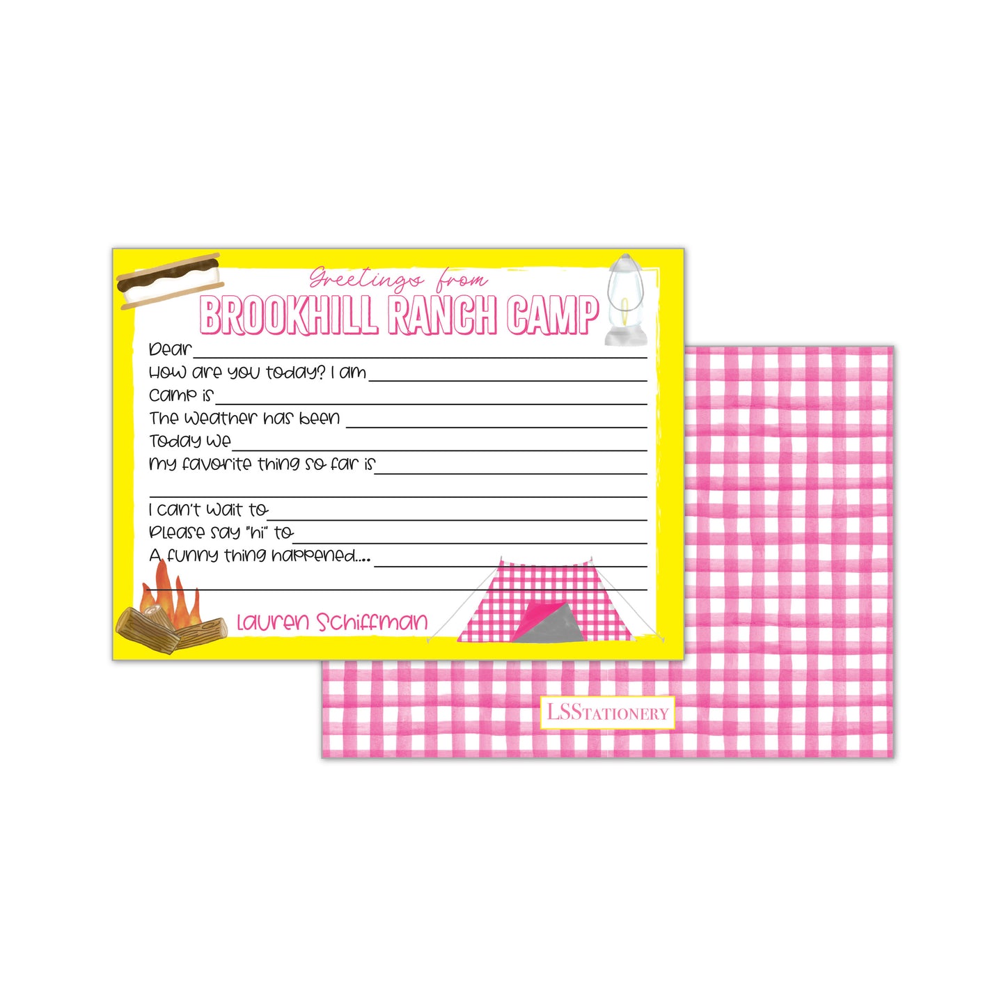 Greetings from Camp Prefilled Pink Gingham Notecard