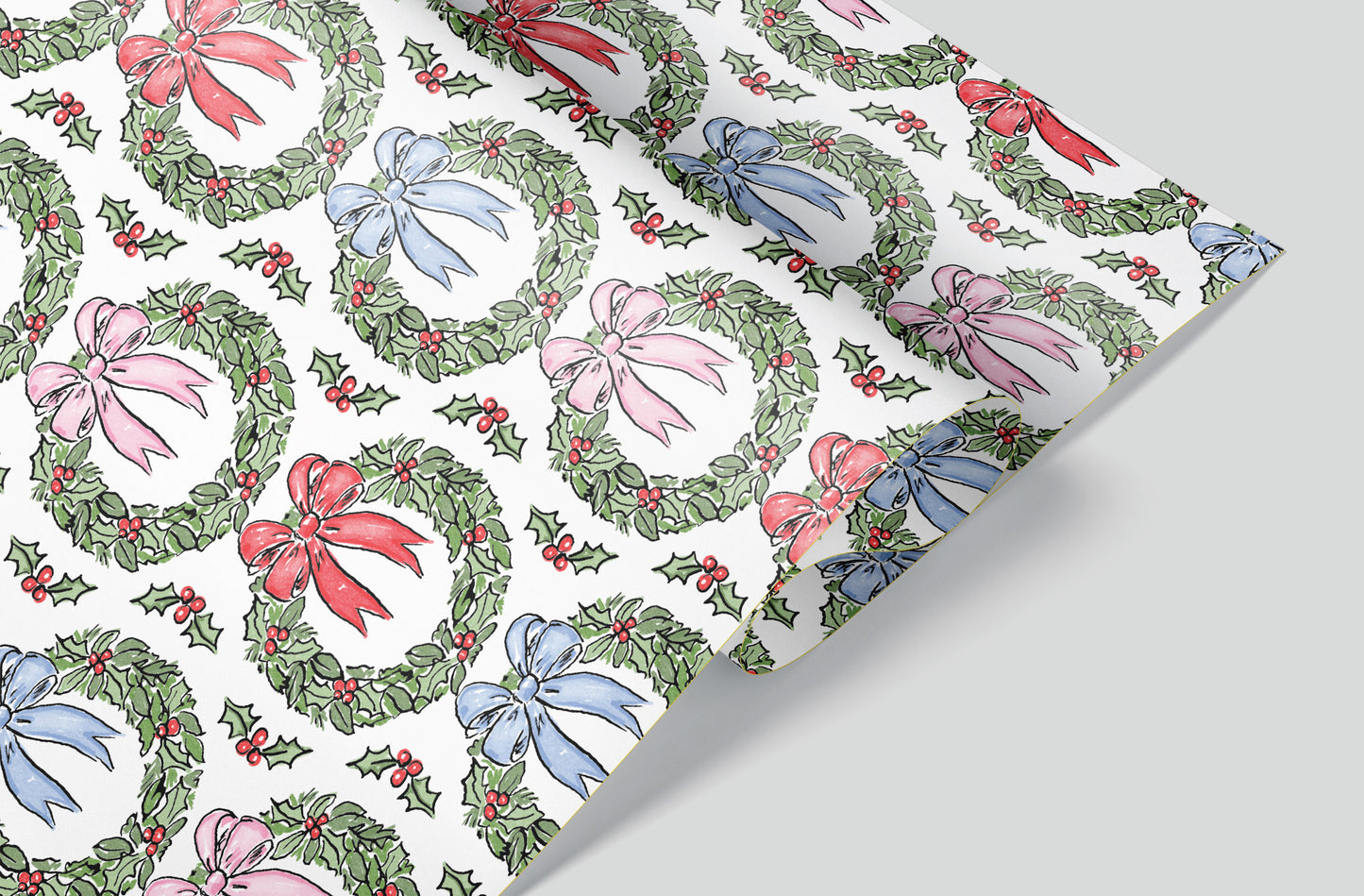 Ribbon Holly Multi Wreath Wrapping Paper Pre-Order