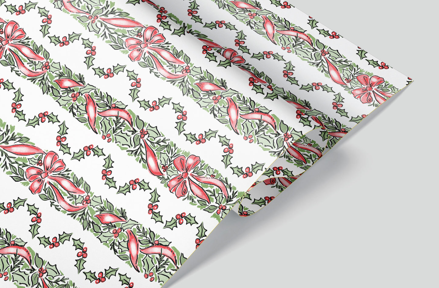 Red Ribbon Holly Wrapping Paper Pre-Order